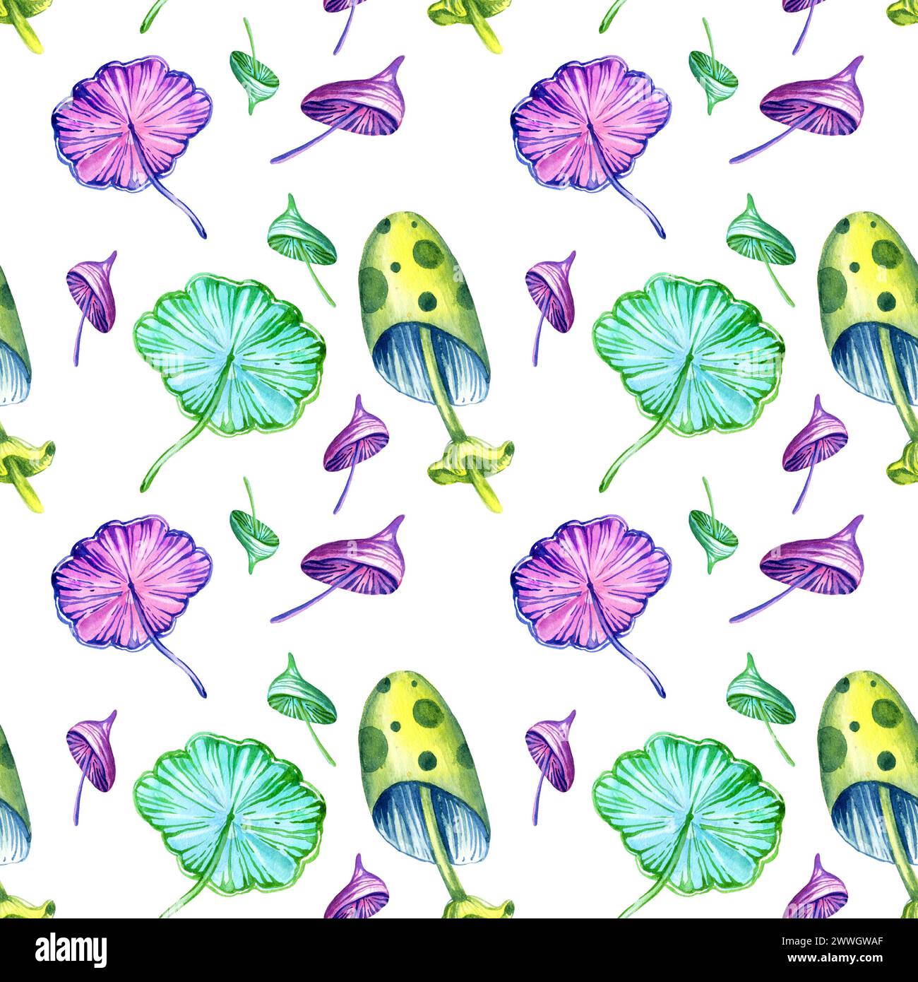 Nahtloses Muster mit fantastischen kosmischen Pilzen auf dunklem Hintergrund, wasserfarbene Handzeichnung. Neonfarbe, Lila, Pink, Blau Stockfoto