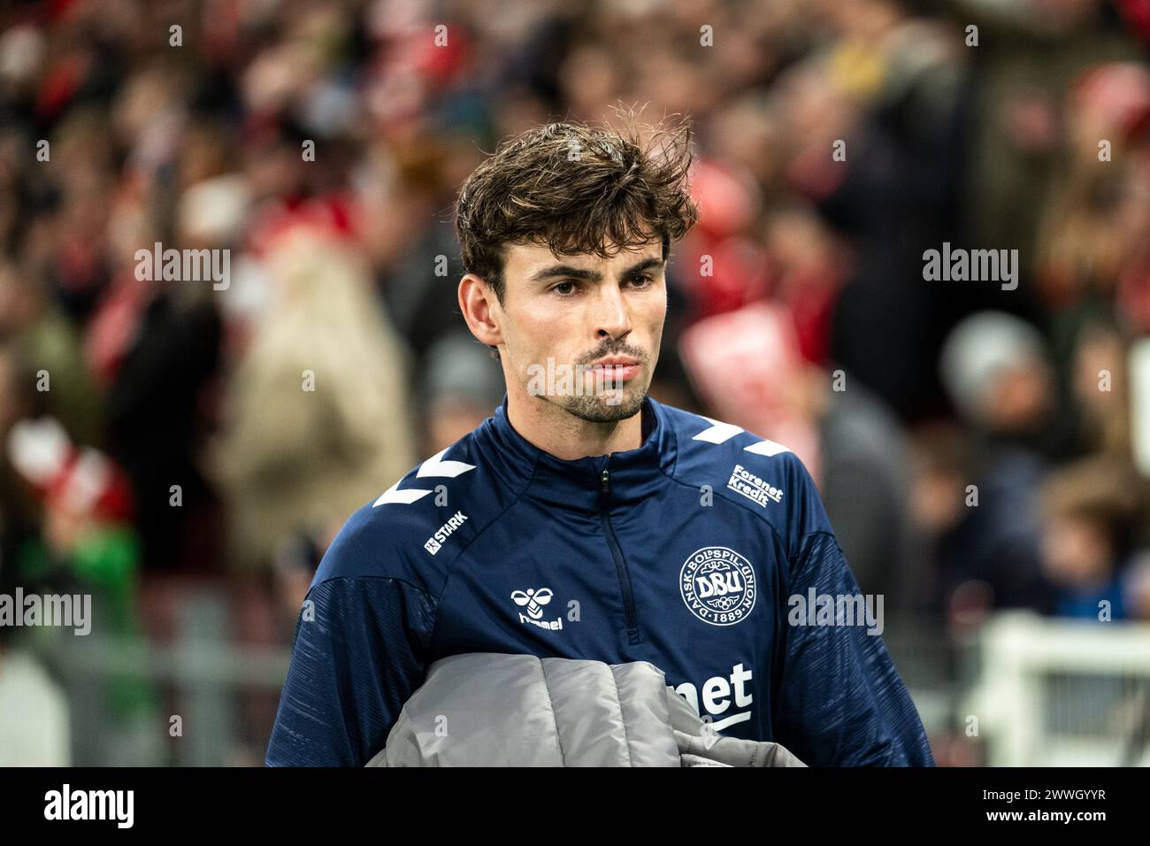 Kopenhagen, Dänemark. März 2024. Matt O’Riley aus Dänemark wurde vor dem Fußball-Freundschaftsspiel zwischen Dänemark und der Schweiz in Parken in Kopenhagen gesehen. (Foto: Gonzales Photo/Alamy Live News Stockfoto