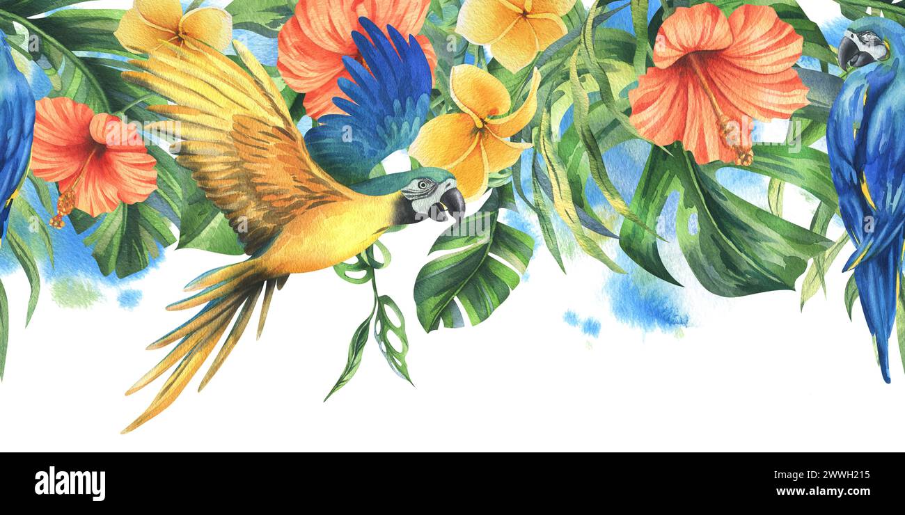 Tropische Palmenblätter, Monstera und Blüten von Plumeria, Hibiskus, hell mit blau-gelbem Aras Papagei. Handgezeichnete botanische Illustration mit Aquarell Stockfoto