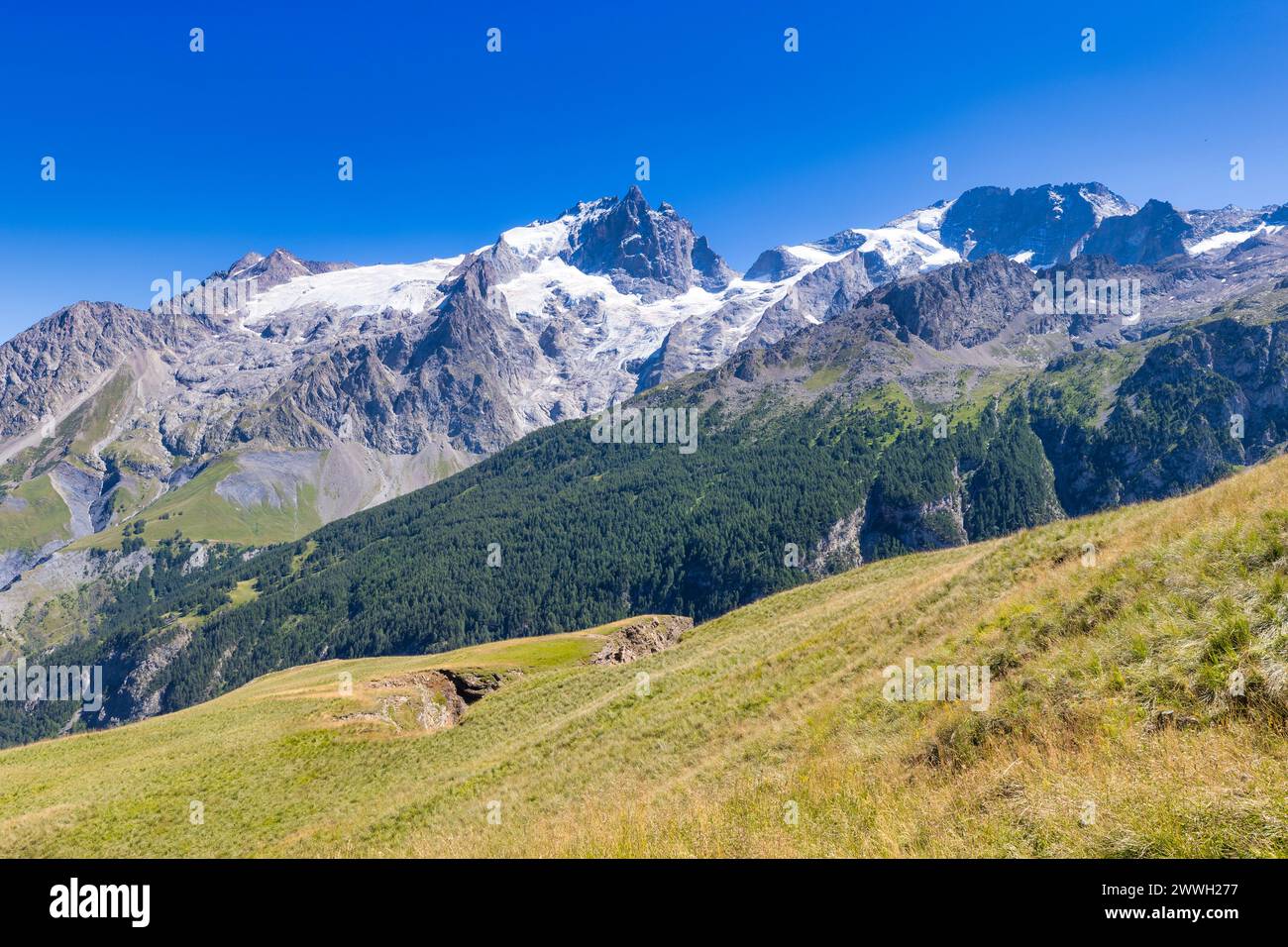 Massif de la Meije und le Râteau, Massif des Ecrins, Frankreich Stockfoto