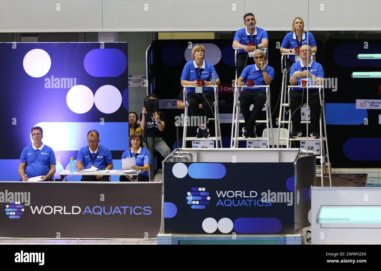 Berlin, Deutschland - 22. März 2024: Tauchschiedsrichter auf ihrer Position beim synchronisierten 10m Plattform Finale der Aquatics Diving World Cup 2024 in Berlin Stockfoto