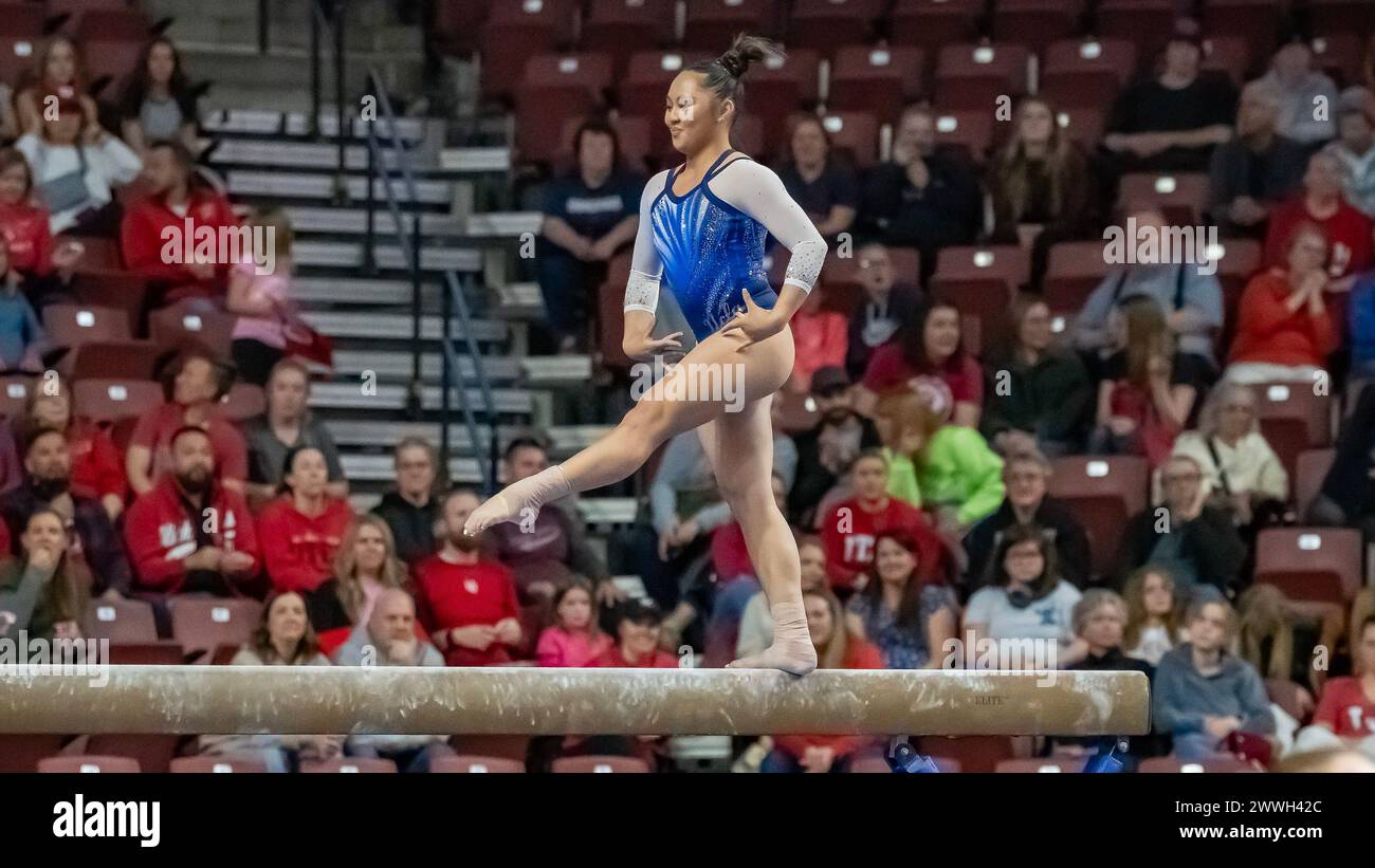 West Valley City, USA. März 2024. Emma Malabuyo von UCLA erreichte am 23. März 2024 den zweiten Platz im Balancebalken mit 9,950 Punkten beim vierten Sieg der Pac-12 Women's Gymnastics Championship in Folge im Maverik Center, West Valley City, Utah (Foto: Jeff Wong/SIPA USA) Credit: SIPA USA/Alamy Live News Stockfoto