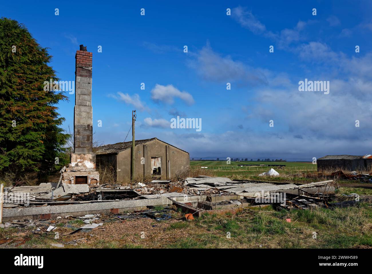 Ein Schornstein eines abgerissenen Hauses auf dem Stracathro Wartime Airfield steht zwischen den Ruinen der verschiedenen Airfield-Gebäude, die heute auf Ackerland liegen. Stockfoto