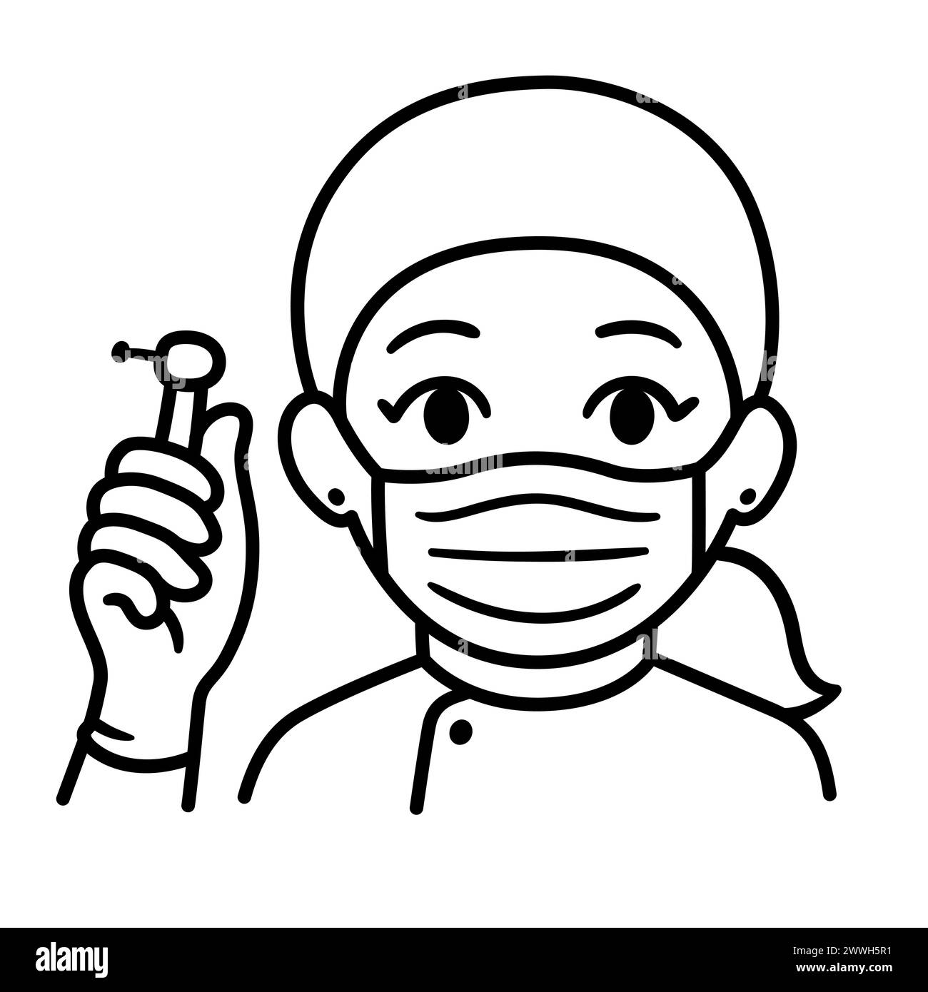 Niedliche Karikatur-weibliche Zahnärztin in Gesichtsmaske, die einen Bohrer hält. Zeichnung von Schwarzweiß-Strichzeichnungen. Einfache handgezeichnete Kritzelei, Vektor-Clip-Kunst-Illustration. Stock Vektor