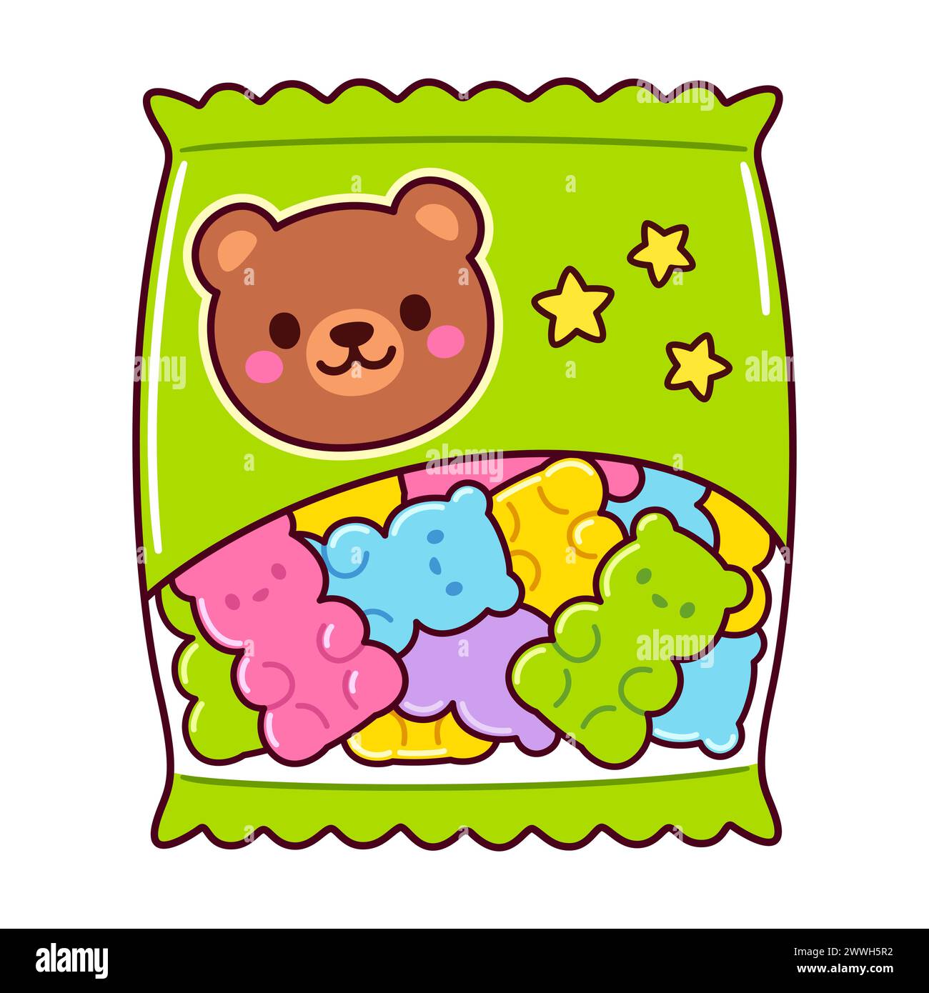 Süße Cartoon-Tasche mit Gummibären. Kawaii Bär geformte Süßigkeiten Vektor-ClipArt Illustration. Stock Vektor