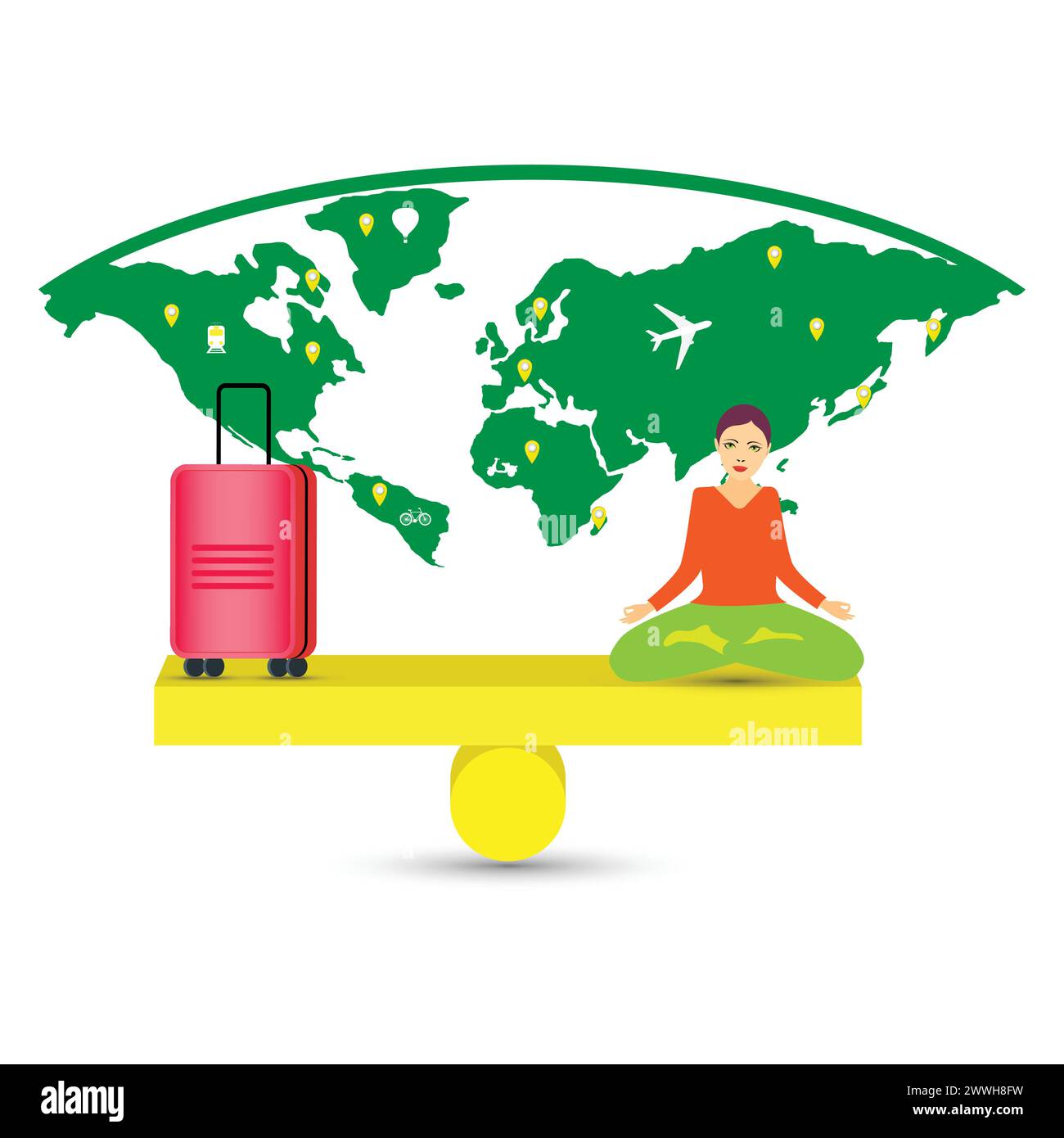 Frau in Lotusposition, die auf einem See meditiert, im Gleichgewicht mit ihrem Gepäck und der Weltkarte im Hintergrund Stock Vektor