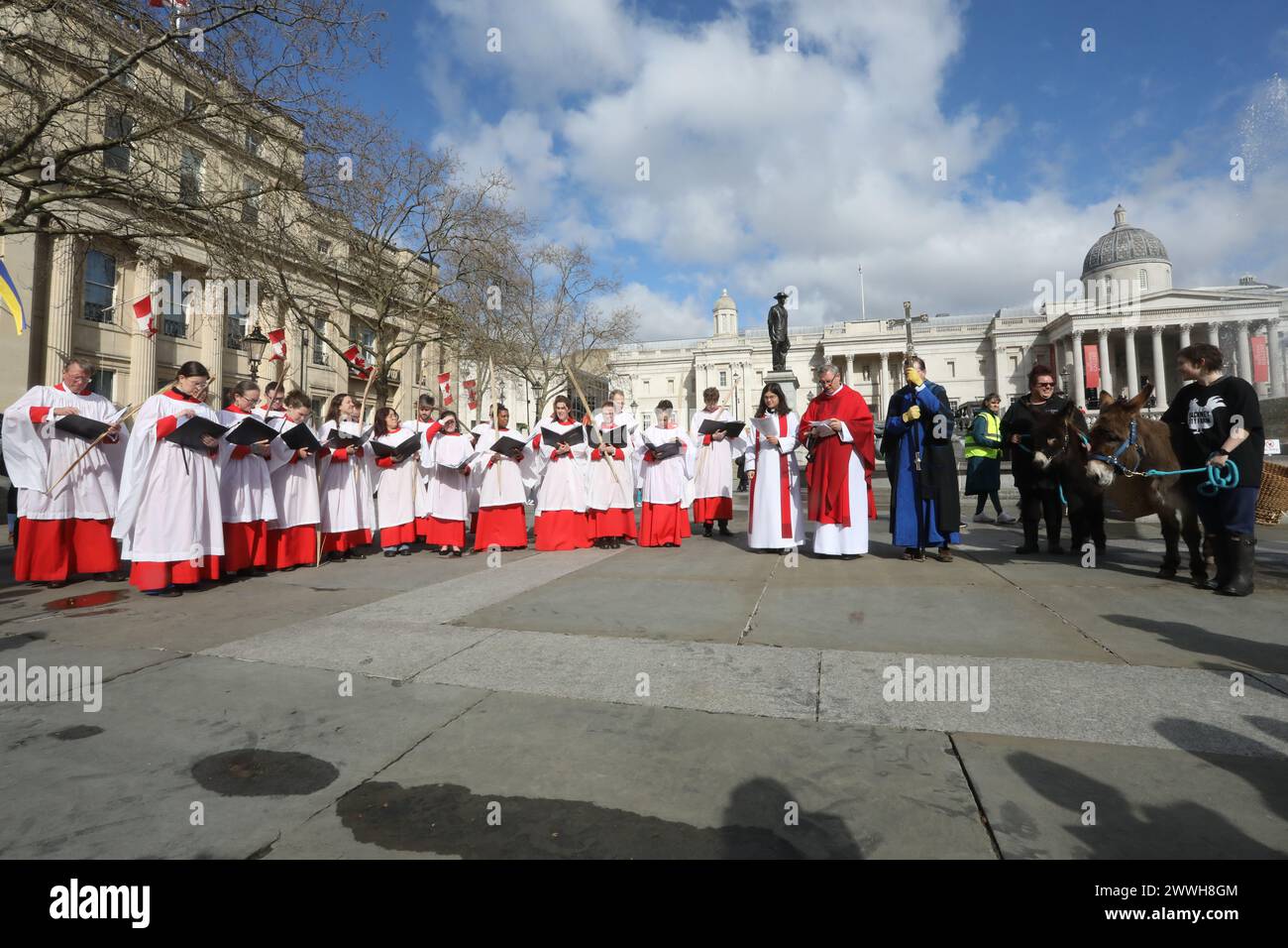 London, UK, 24. März 2024. St. Martin-in-the-Fields Palm Sunday Eucharist mit einer Prozession von Trafalgar Sqaure, gefolgt von einer bewegenden musikalischen Dramatisierung Passion. Die Prozession wurde von Clover, dem Esel, von Hackney City Farm geleitet. Credit: Monica Wells/Alamy Live News Stockfoto