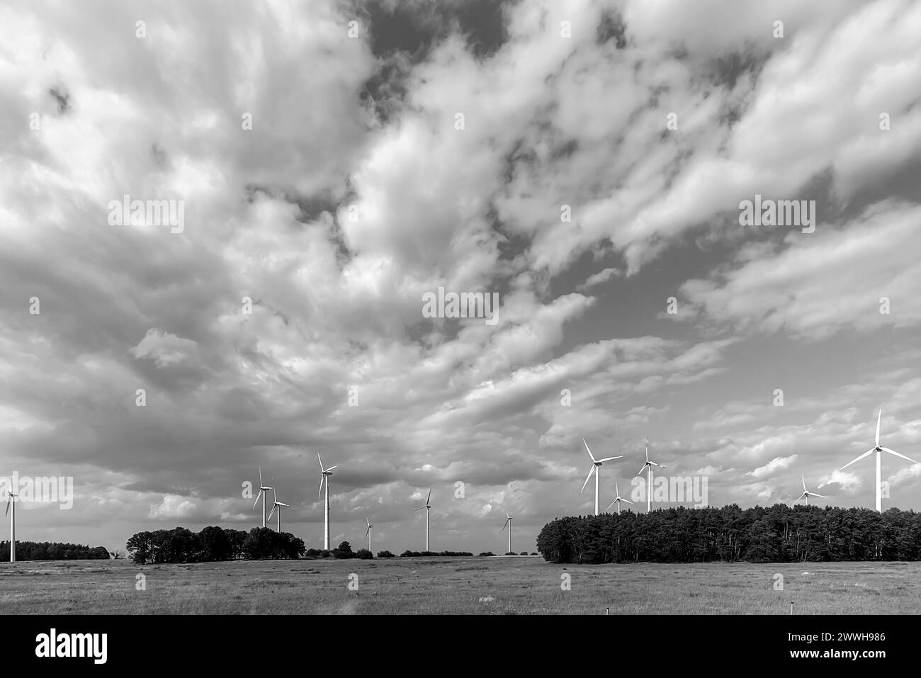 Windräder auf der Autobahn A 9, bewölkter Himmel, Thüringen, Deutschland Stockfoto