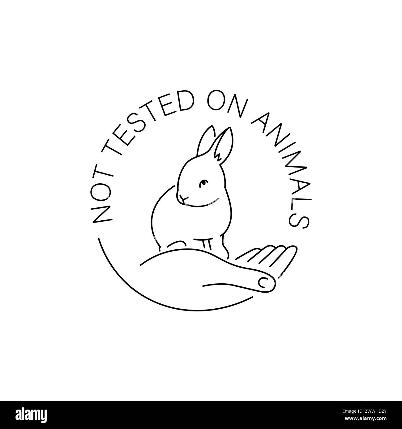 Symbol für grausamlose dünne Linien. Nicht an Tieren getestet Umrissaufkleber für tierfreundliche Produktverpackungen. Niedliches lineares Kaninchen mit Text im Kreis. Stock Vektor