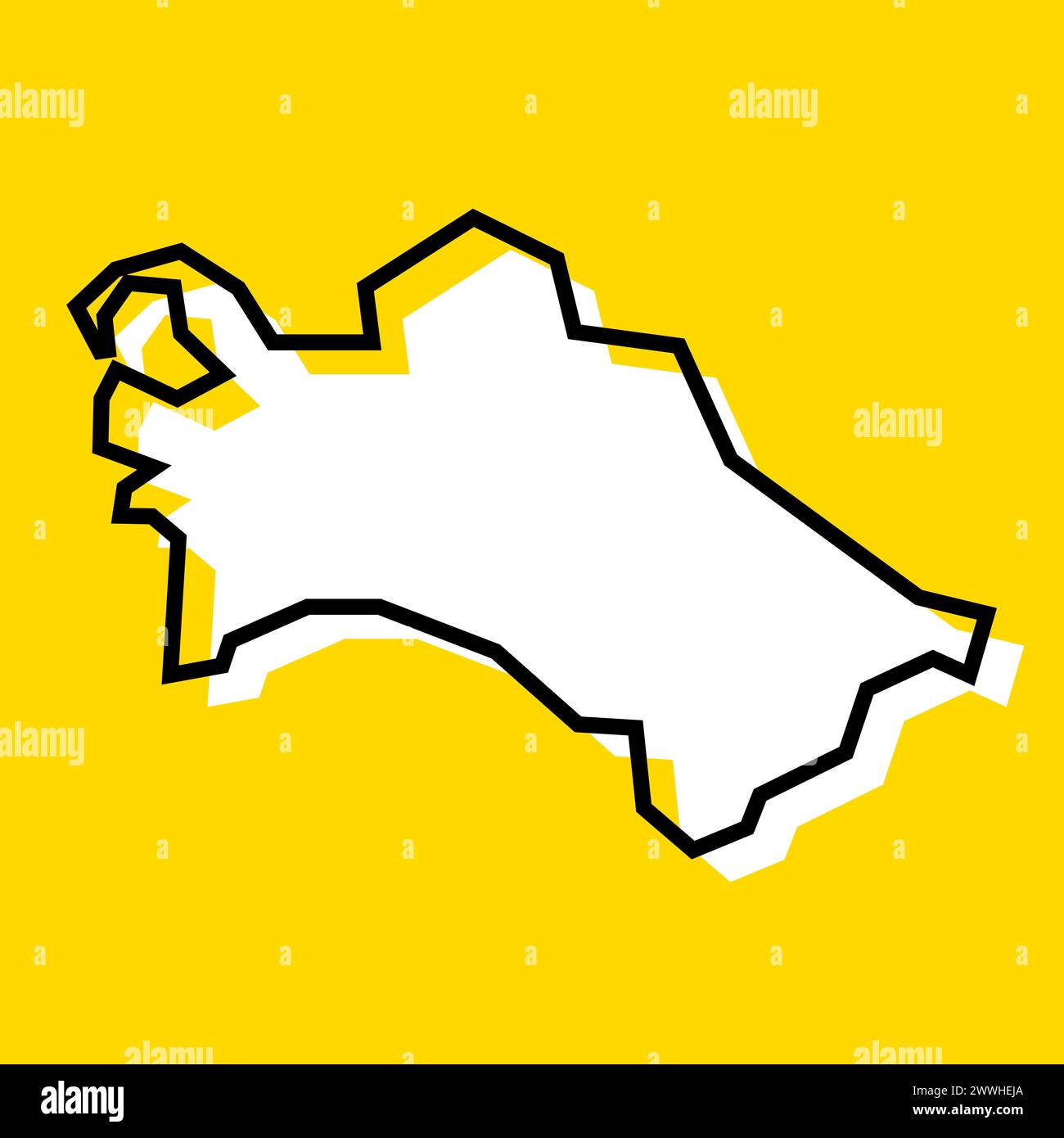 Vereinfachte Karte für Turkmenistan. Weiße Silhouette mit dicker schwarzer Kontur auf gelbem Hintergrund. Einfaches Vektorsymbol Stock Vektor
