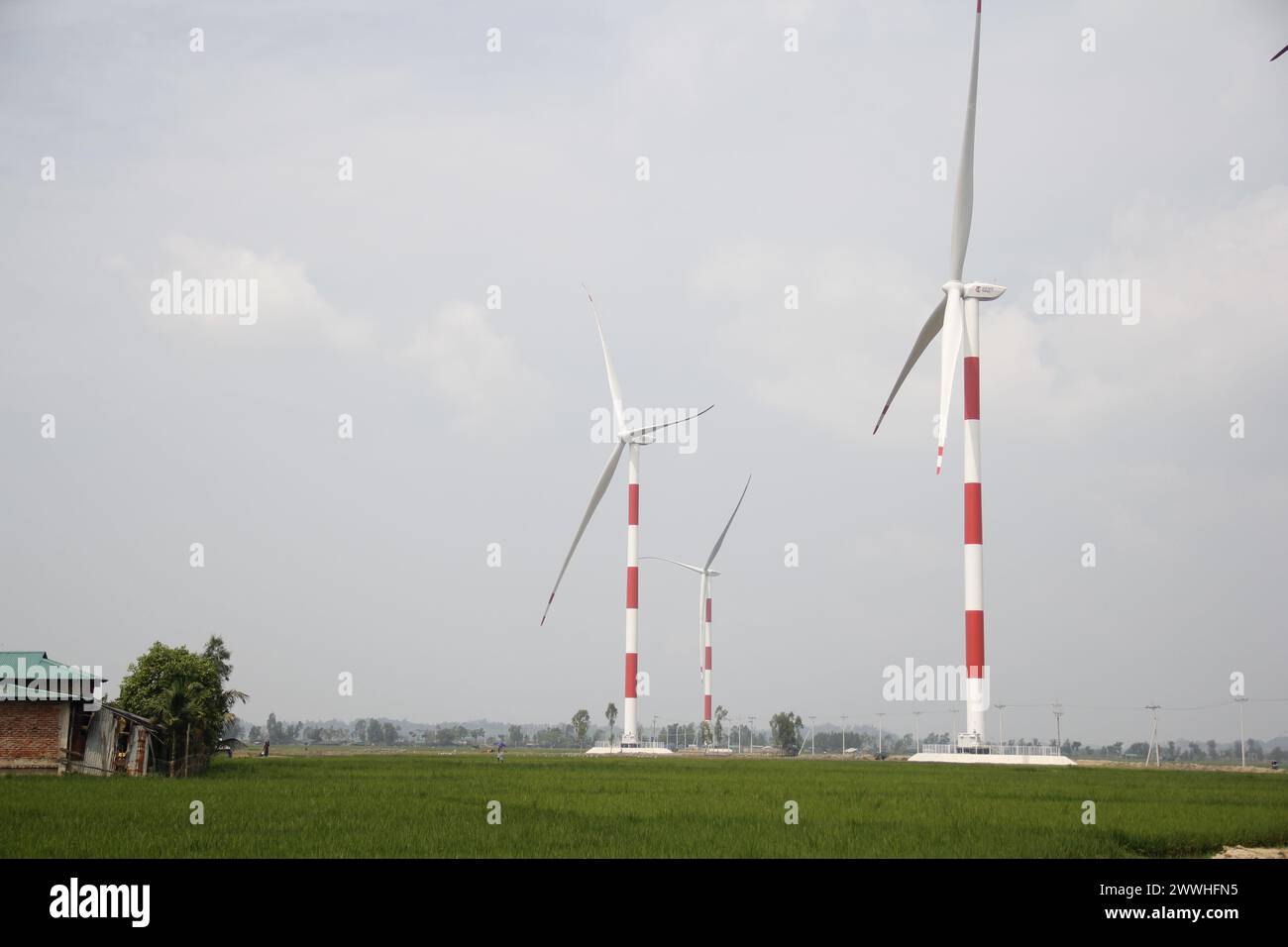 Dhaka. März 2024. Dieses am 23. März 2024 aufgenommene Foto zeigt den Standort des Windkraftwerks Cox's Bazar in Cox's Bazar District, Bangladesch. Nachdem der letzte Windgenerator installiert war, wurde Cox's Bazar Windkraftwerk, das erste zentralisierte Windkraftprojekt in Bangladesch, das von chinesischen Unternehmen investiert und gebaut wurde, am Sonntag vollständig in Betrieb genommen. UM MIT DEM „Chinese-Invest First Windkraftwerk in Bangladesch vollständig in Betrieb zu nehmen“ Credit: Sun Nan/Xinhua/Alamy Live News Stockfoto