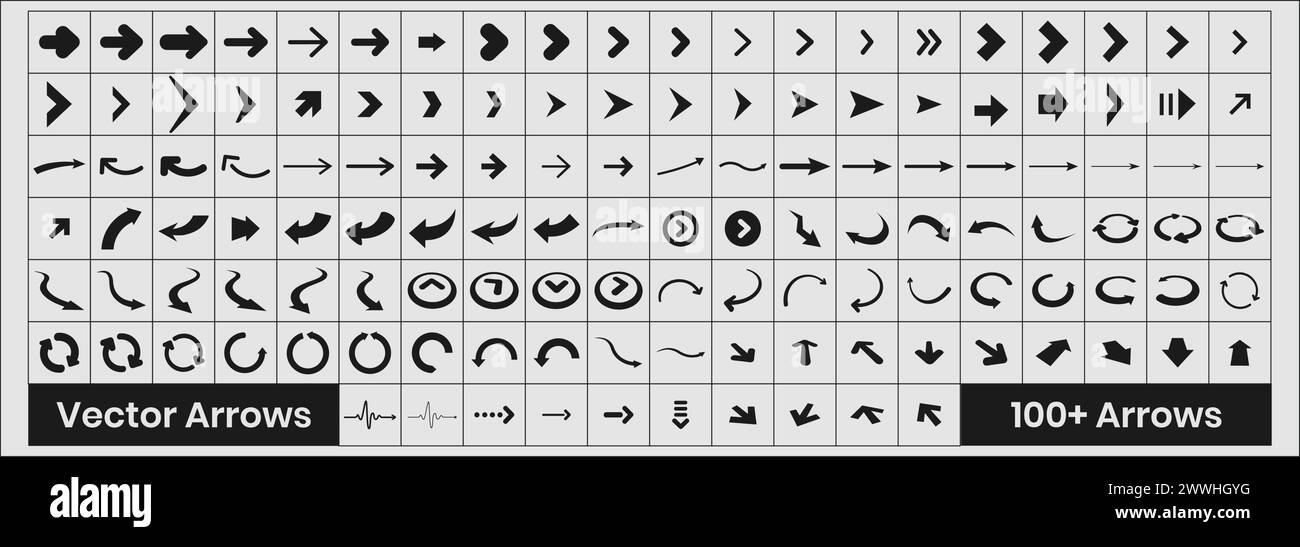 Satz von 100 Pfeilsätzen 100 schwarze Symbole Pfeilsymbol Pfeilvektor Sammlung Pfeil Cursor Moderne sim Stock Vektor