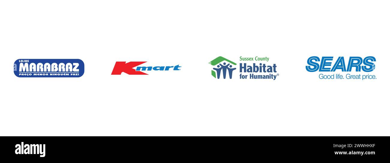 Lojas Marabraz, Sears, Habitat für die Menschheit, Kmart. Redaktionelle Vektor-Logokollektion. Stock Vektor