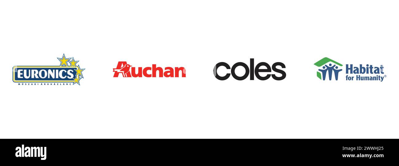 Auchan, Coles, Habitat for Humanity, Euronics M?szaki Áruházlánc. Redaktionelle Vektor-Logokollektion. Stock Vektor