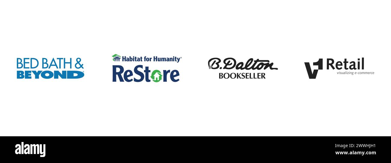 V1 Einzelhandel, Restore, Bed Bath & Beyond, B. Dalton. Redaktionelle Vektor-Logokollektion. Stock Vektor