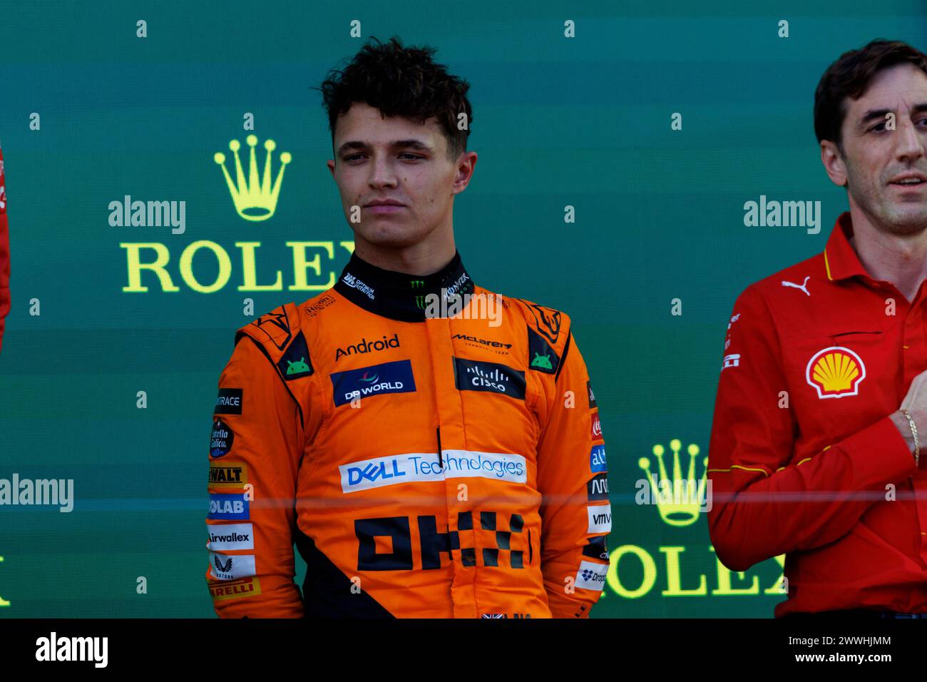 24. März 2024: Melbourne Grand Prix Circuit, Melbourne, Victoria, Australien; Formel 1 Grand Prix von Australien: Renntag; Nummer 4 McLaren Pilot Lando Norris auf dem Podium nach dem Rennen Stockfoto