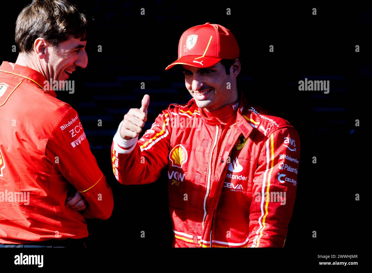 24. März 2024: Melbourne Grand Prix Circuit, Melbourne, Victoria, Australien; Formel 1 Grand Prix von Australien: Renntag; Nummer 55 Scuderia Ferrari Pilot Carlos Sainz Jr. Auf dem Podium nach dem Rennen Stockfoto