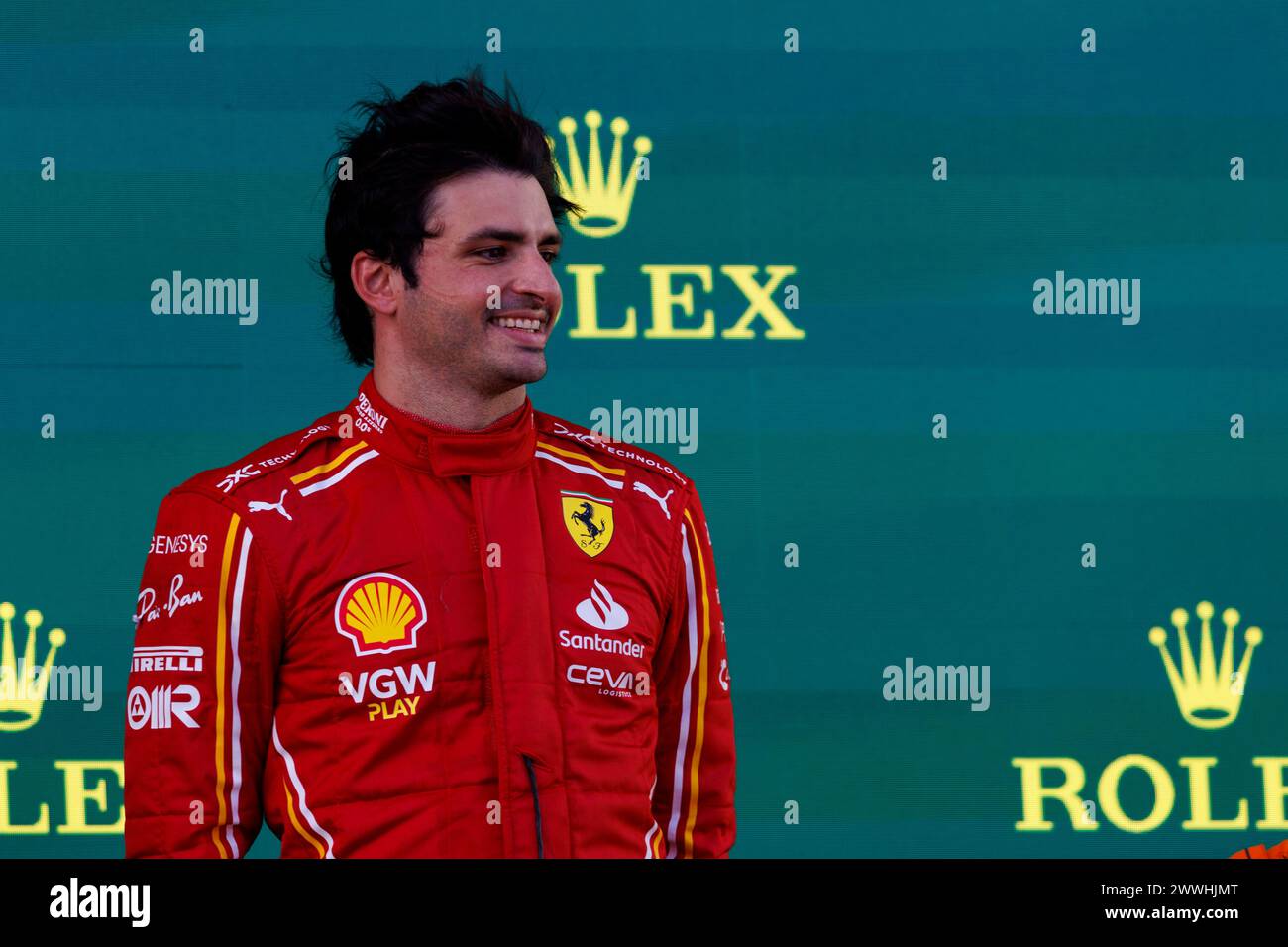 24. März 2024: Melbourne Grand Prix Circuit, Melbourne, Victoria, Australien; Formel 1 Grand Prix von Australien: Renntag; Nummer 55 Scuderia Ferrari Pilot Carlos Sainz Jr. Auf dem Podium nach dem Rennen Stockfoto