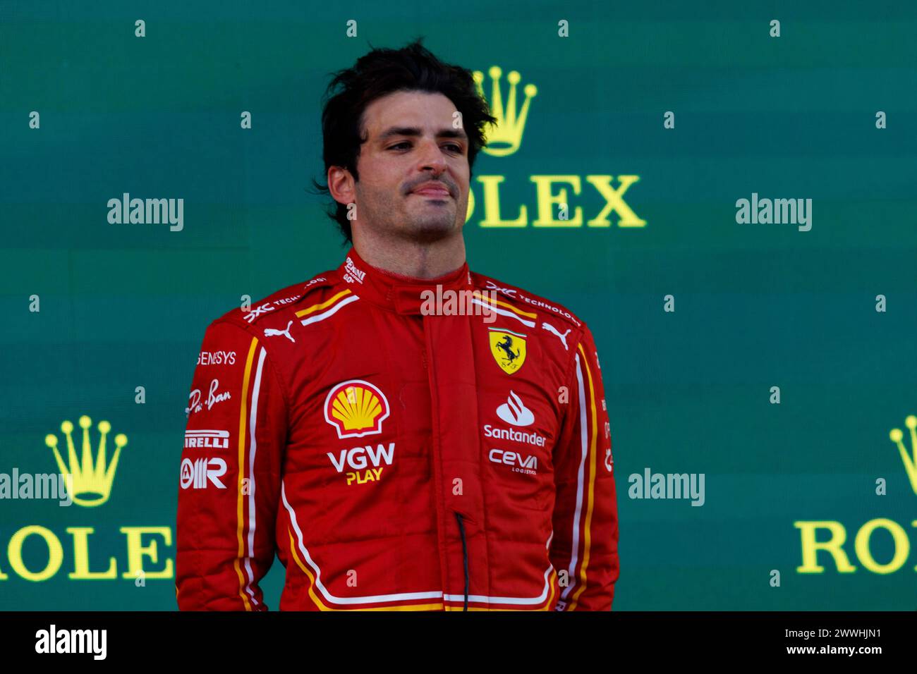 24. März 2024: Melbourne Grand Prix Circuit, Melbourne, Victoria, Australien; Formel 1 Grand Prix von Australien: Renntag; Nummer 55 Scuderia Ferrari Pilot Carlos Sainz Jr. Auf dem Podium nach dem Rennen Stockfoto