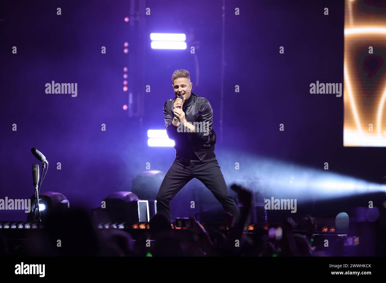 Nicht exklusiv: Nicky Byrne, Shane Filan, Kian Egan Mitglieder der irischen Band Westlife treten während der Wild Dreams Tour in der Arena CDMX auf. Stockfoto