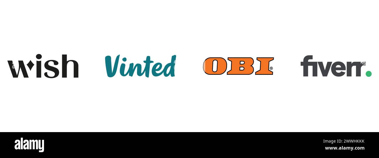 OBI, Wish, Vinted, Fiverr. Redaktionelle Vektor-Logokollektion. Stock Vektor