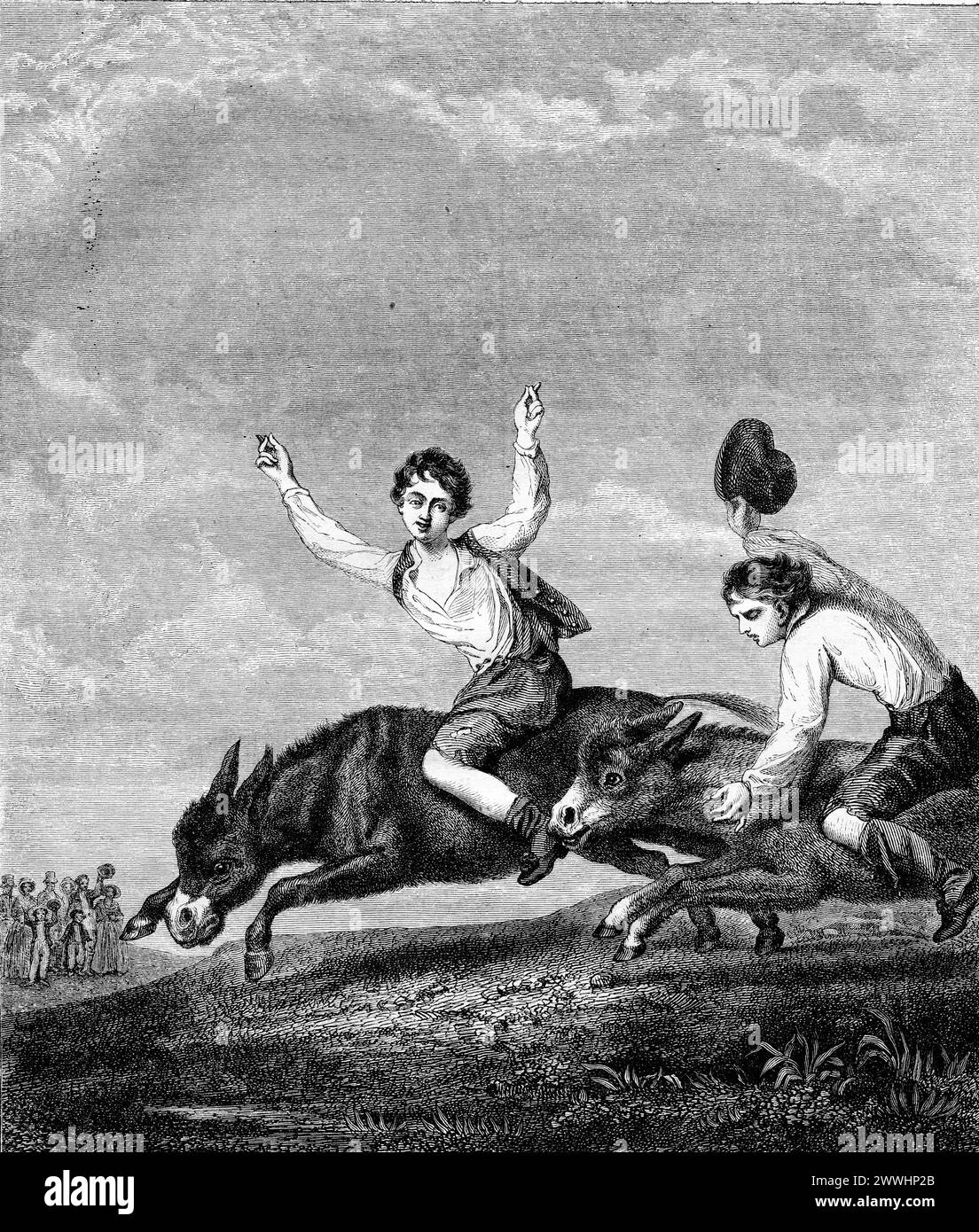 Das Eselrennen, Vintage-Gravur. Das Eselrennen, Vintage-Gravur-Illustration. Magasin Pittoresque 1853. Copyright: xZoonar.com/PatrickxGuenettex Stockfoto