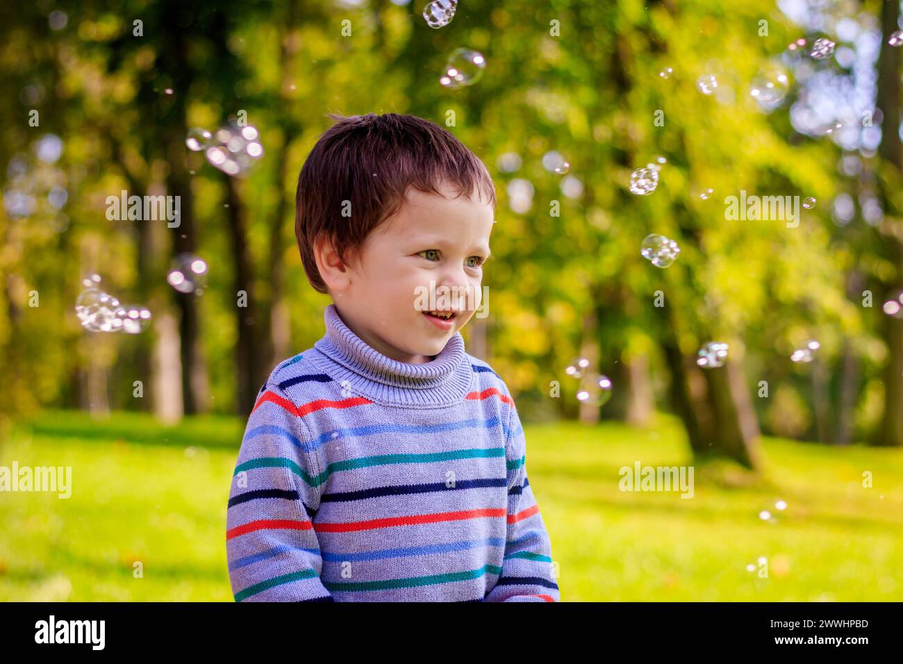 Porträt eines kleinen Jungen auf einem Grashintergrund. Kleiner Junge in einem Pullover. Porträt eines kleinen Jungen auf einem Grashintergrund. Kleiner Junge in einem Pullover Stockfoto