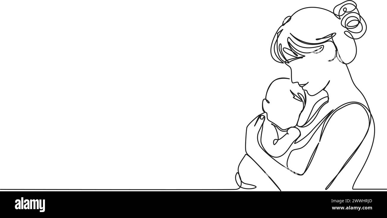 Ununterbrochene einzeilige Zeichnung der Mutter, die ihr neugeborenes Baby hält, Linie Art Vektor Illustration Stock Vektor