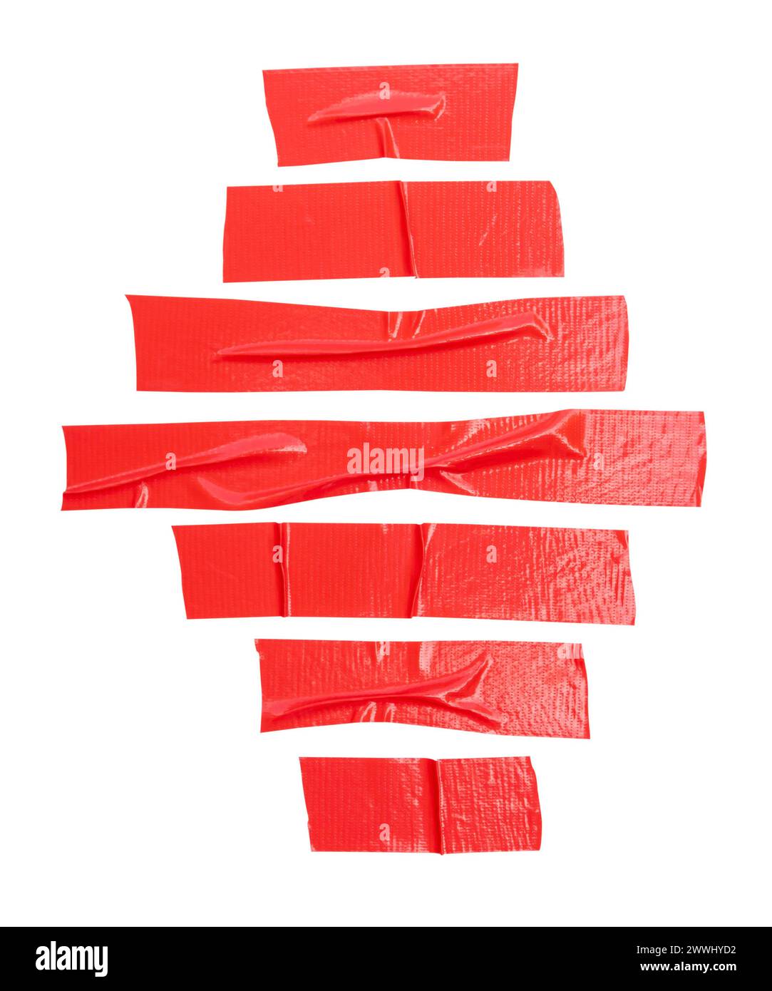 Draufsicht aus rotem Vinyl- oder Stoffband in Streifen ist auf weißem Hintergrund mit Beschneidungspfad isoliert. Stockfoto