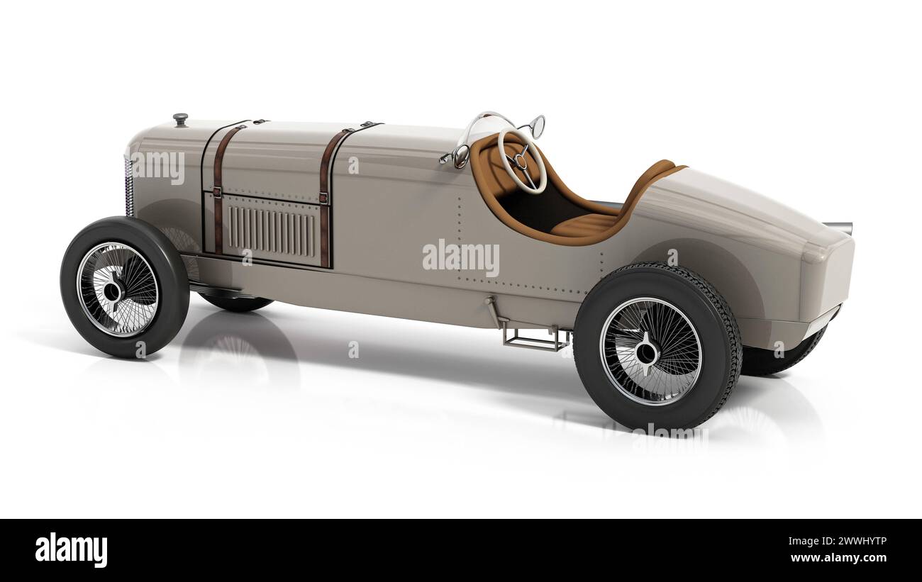 Retro-Rennwagen isoliert auf weißem Hintergrund. 3D-Illustration Retro-Rennwagen isoliert auf weißem Hintergrund. 3D-Illustration Retro-Rennwagen isoliert auf wh Stockfoto