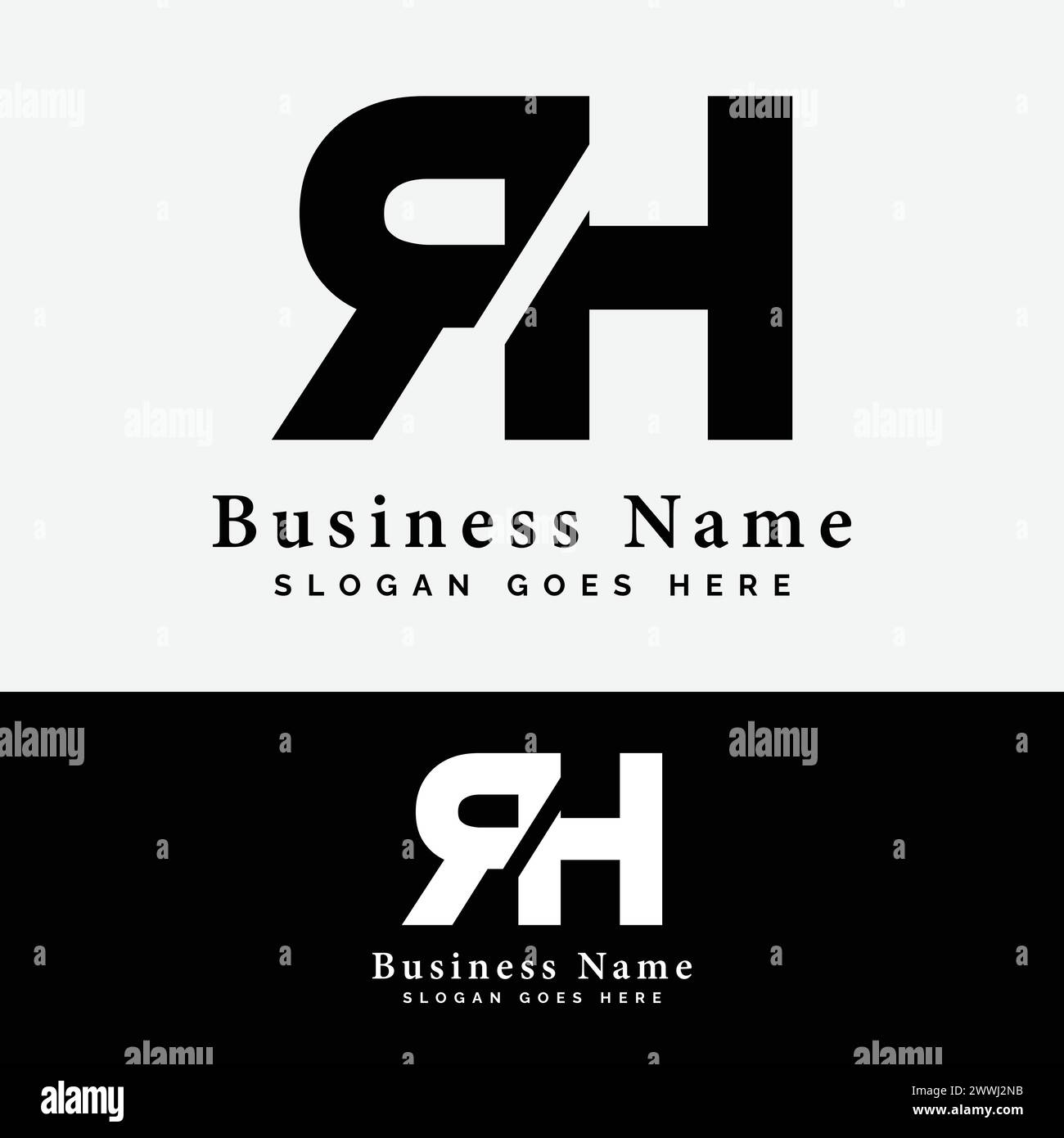 Logodesign mit R, H, RH. Abbildung des ursprünglichen Logovektors des Alphabets rechts Stock Vektor