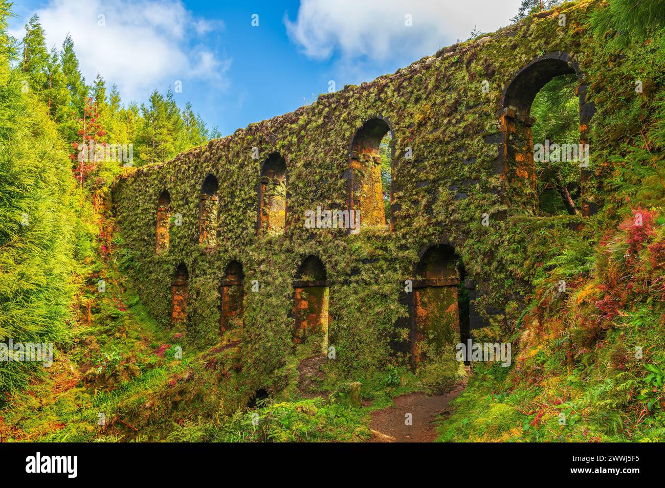 Entdecken Sie das Muro das Nove Janelas, ein geheimnisvolles, moosbedecktes Aquädukt in den üppigen Wäldern von Sao Miguel, ein Relikt der Geschichte der Azoren. Stockfoto