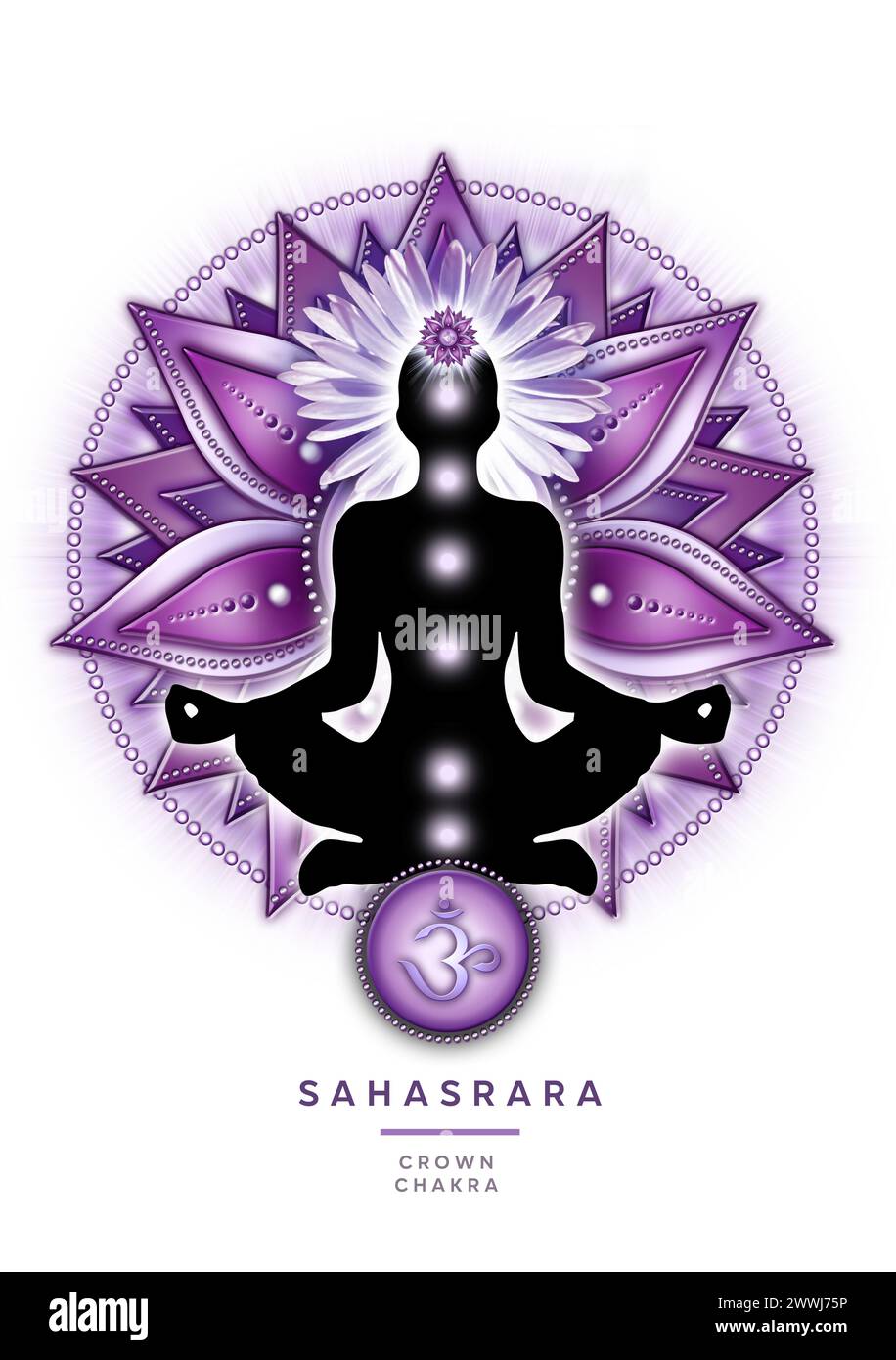 Kronenchakra-Meditation in Yoga-Lotus-Pose vor Sahasrara-Chakra-Symbol Stockfoto