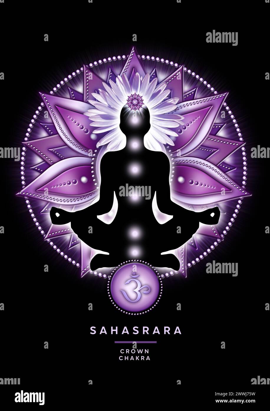 Kronenchakra-Meditation in Yoga-Lotus-Pose vor Sahasrara-Chakra-Symbol Stockfoto