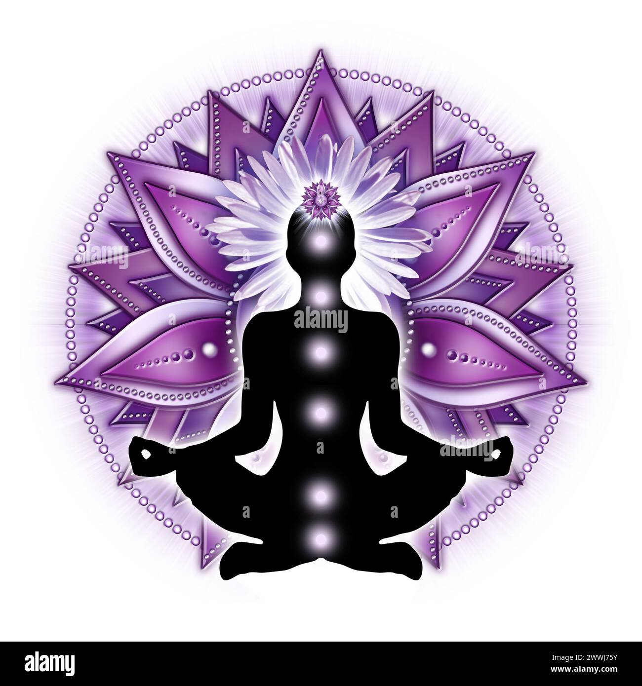 Kronenchakra-Meditation in Yoga-Lotus-Pose vor Sahasrara-Chakra-Symbol Stockfoto