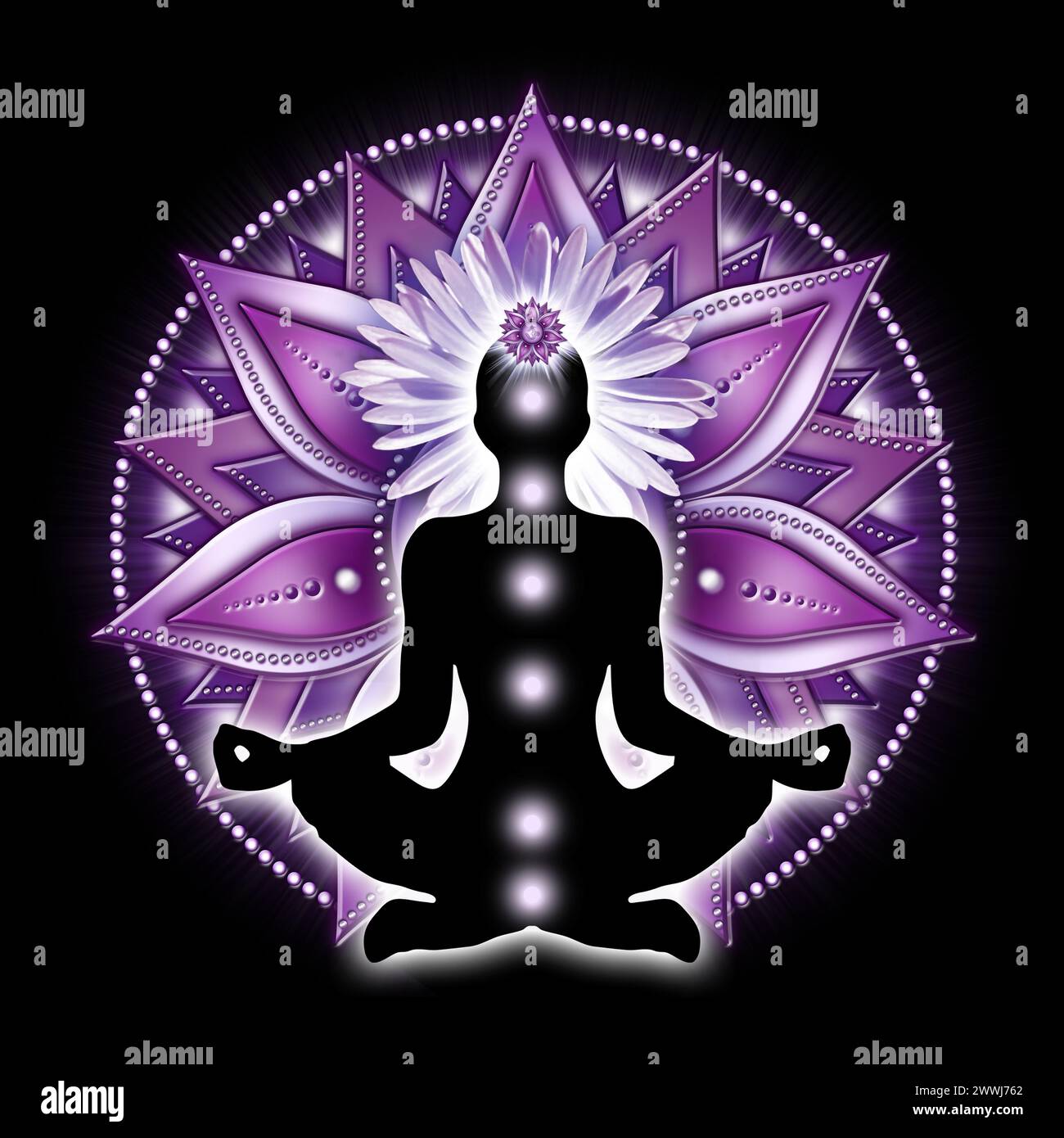 Kronenchakra-Meditation in Yoga-Lotus-Pose vor Sahasrara-Chakra-Symbol Stockfoto