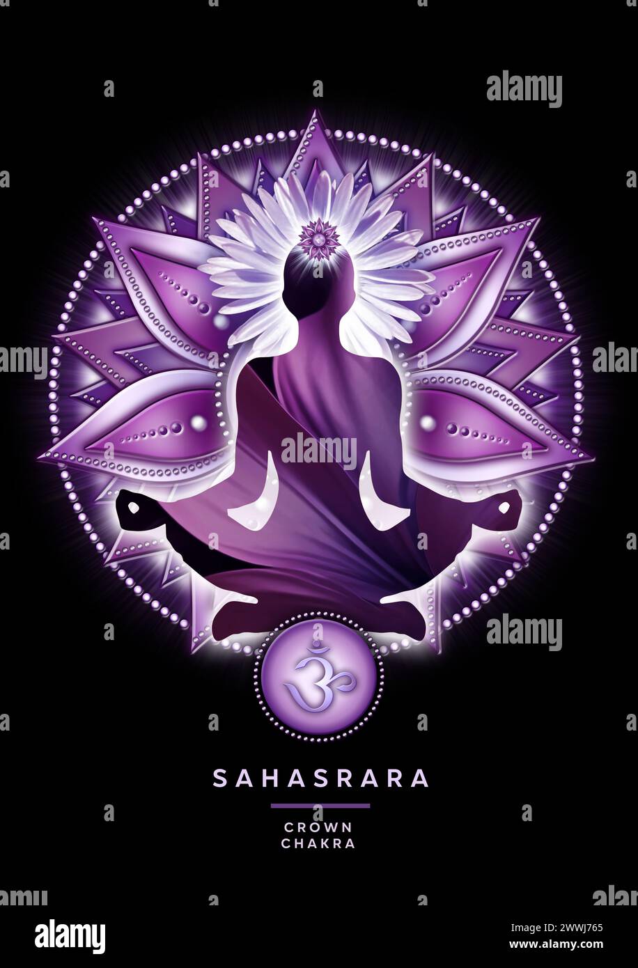 Kronenchakra-Meditation in Yoga-Lotus-Pose vor Sahasrara-Chakra-Symbol Stockfoto