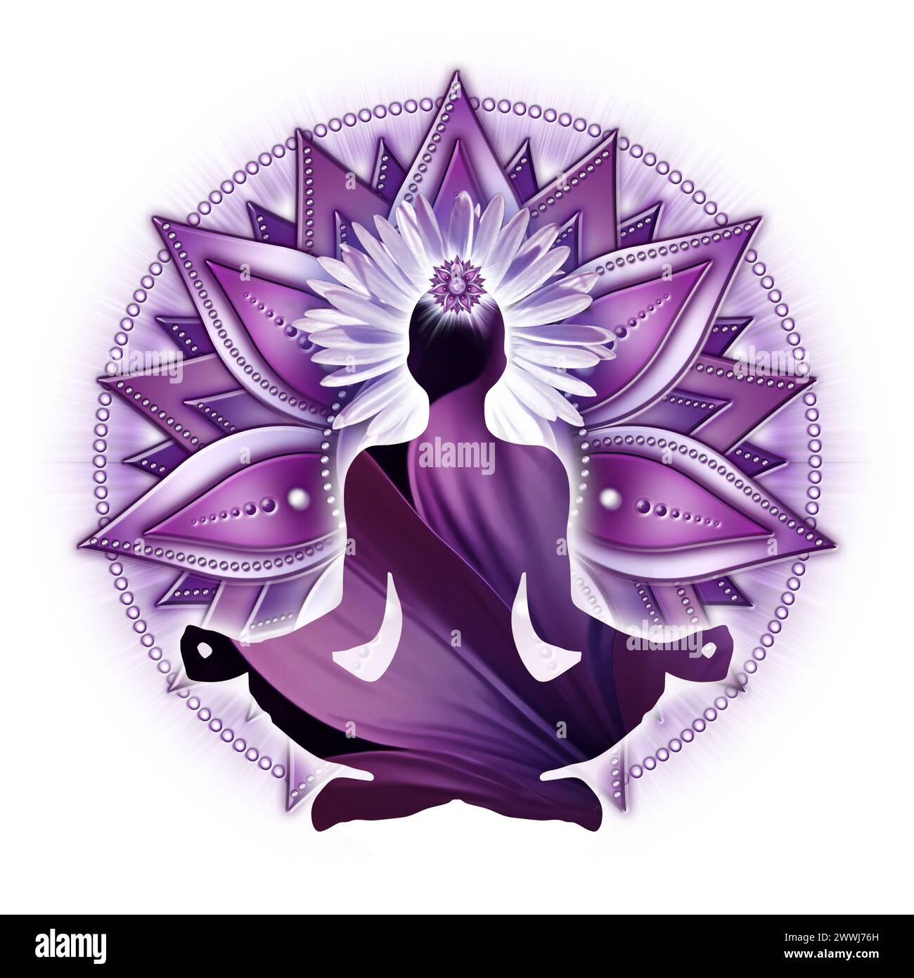 Kronenchakra-Meditation in Yoga-Lotus-Pose vor Sahasrara-Chakra-Symbol Stockfoto