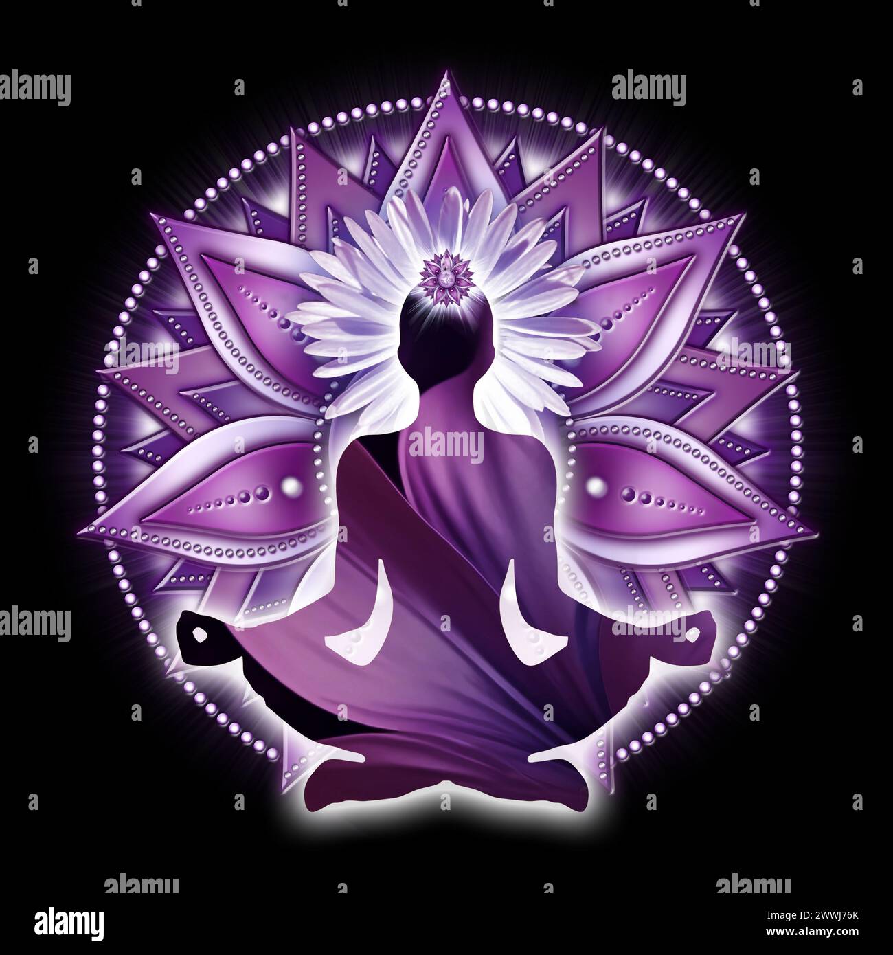 Kronenchakra-Meditation in Yoga-Lotus-Pose vor Sahasrara-Chakra-Symbol Stockfoto