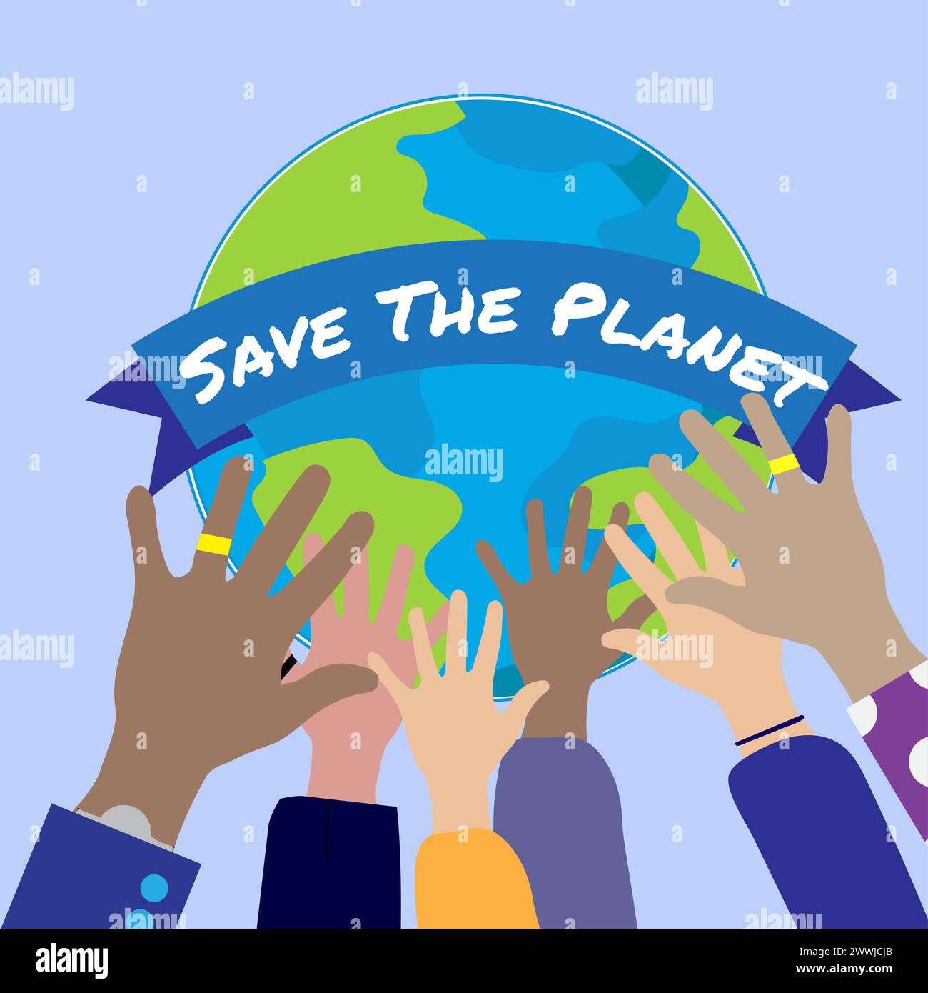 Verschiedene Gruppen von Menschenhänden halten die Erde mit einem Textbanner „Rettet den Planeten“, „Ökologie“ oder „Klimakonzept“ Stock Vektor