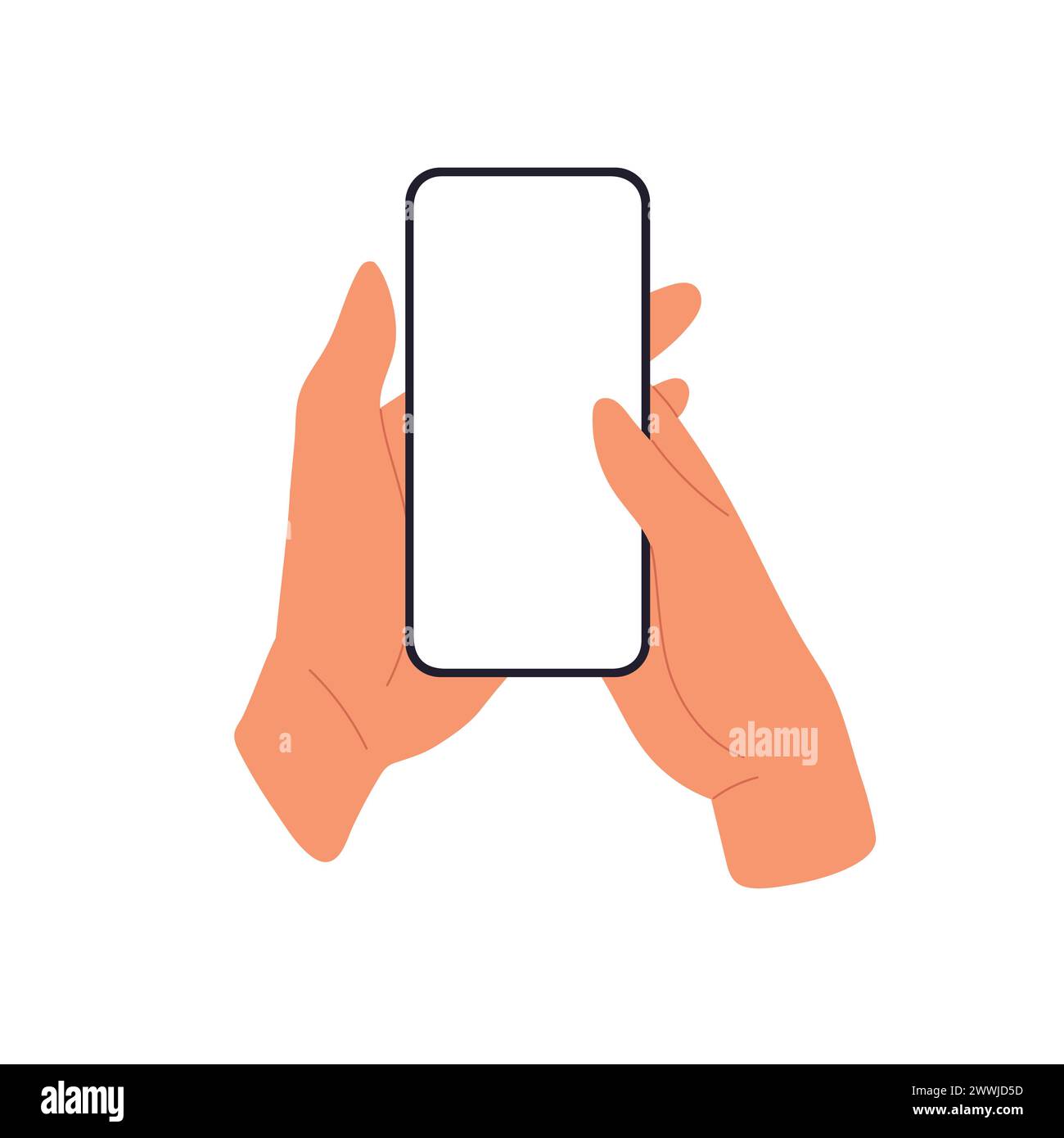 Mockup des Mobiltelefonbildschirms in der Hand. Daumenfinger durch das Smartphone-Display scrollen. Illustration des flachen Vektors isoliert auf weiß. Stock Vektor
