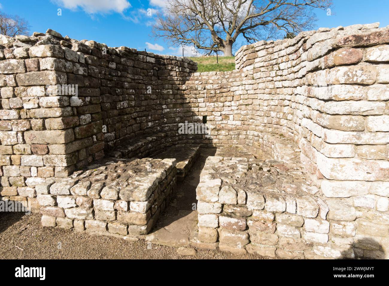 Die Überreste des heißen Zimmers im Badehaus in Chesters Roman Fort in der Nähe von Chollerford, Northumberland, England, Großbritannien Stockfoto
