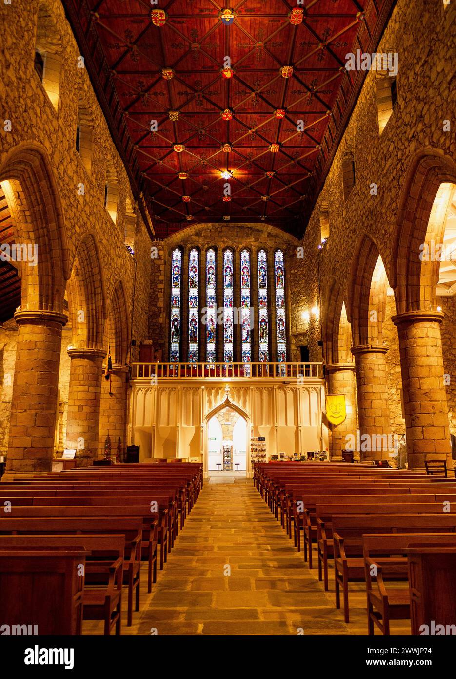 Heraldische Decke und Innenraum der St. Machar's Cathedral Kirche, The Chanonry, Old Aberdeen, Aberdeen, Aberdeenshire, Schottland, Großbritannien Stockfoto