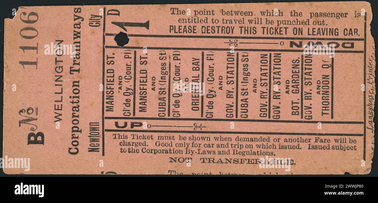Wellington Corporation Tramways: Wellington Corporation Tramways B Nr. 1106. Newtown - Stadt [1904]. Ein Cent Ticket mit einem Clip. es heißt: "Bitte vernichten Sie dieses Ticket beim Verlassen des Autos"; "nicht übertragbar". Routen werden aufgelistet: Stockfoto