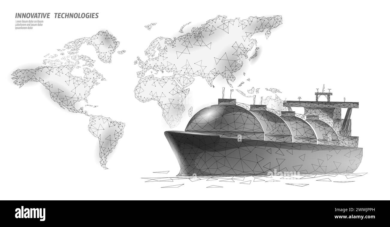 Tankschiff verflüssigtes Symbol für den Transport von Gas. Technologie für industrielle Erdölraffinerien mit niedrigem Poly in 3D. Lieferung Benzinkraftstoff Ladung. Propan für Treibgastank in Ozean Stock Vektor