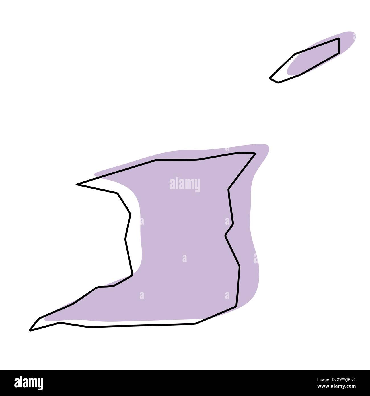 UndefiniertTrinidad und Tobago Country vereinfachte Karte. Violette Silhouette mit dünner schwarzer glatter Kontur isoliert auf weißem Hintergrund. Einfaches Vektorsymbol Stock Vektor