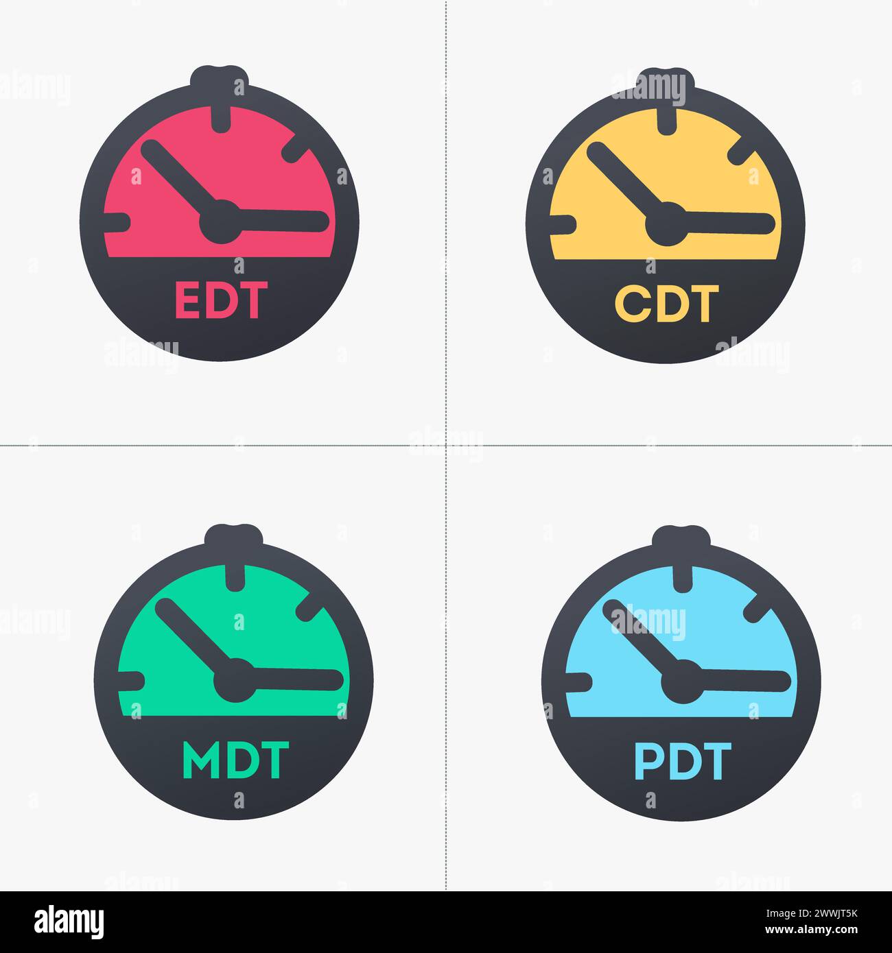 Uhrensymbol für US-Zeitzonen, farbenfrohe Infografik-Zeitzonen. Abbildung des Rohteils Vektors isoliert Stock Vektor
