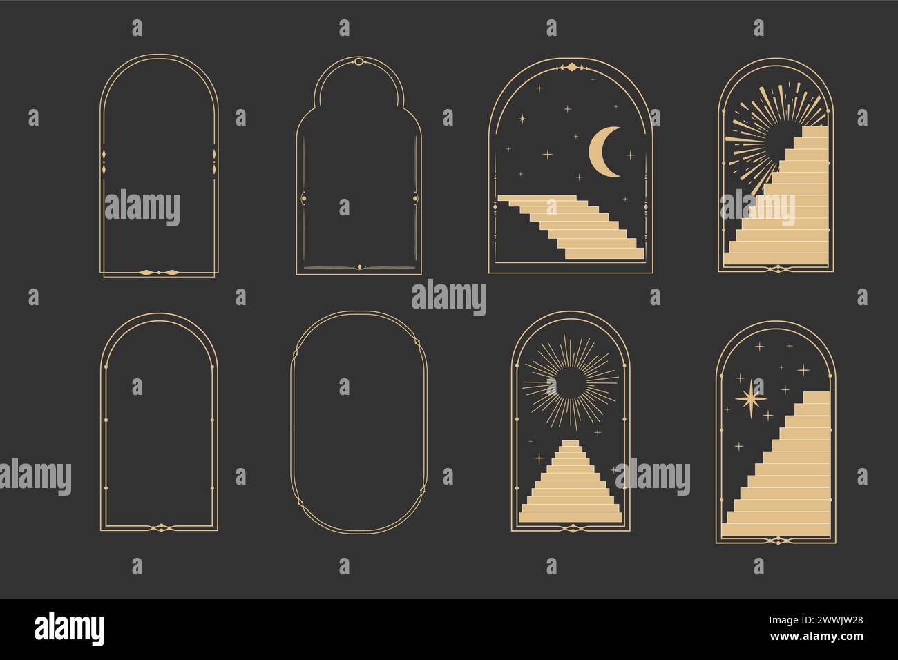 Setzen Sie den Rahmen der Himmelsbogenfenster, mystisch mit Treppen, Astrologie-Symbolen Mond und Sonne, Linienrand, minimales Tattoo isoliert. Esoterische spirituelle Ikone. Vektorabbildung Stock Vektor
