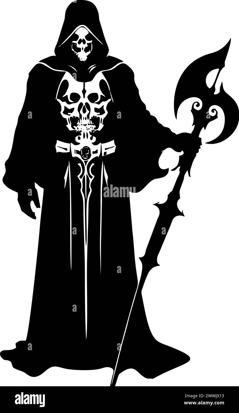 Schwarze grafische Silhouette des Reaper of Death, Abzeichen, Logo, Tattoo Stockfoto