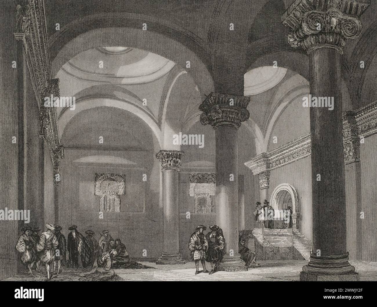 Jerusalem. Das Innere des Goldenen Tors, der älteste Eingang zu den Mauern der Altstadt. Stich von Emile Rouargue. "La Tierra Santa y los lugares recorridos por los profetas, por los apóstoles y por los cruzados" (das Heilige Land und die von den Propheten, den Aposteln und den Kreuzfahrern durchquerten Stätten). Veröffentlicht in Barcelona von der Druckerei Joaquin Verdaguer, 1840. Autor: Emile Rouargue (1795–1865). Französischer Graveur. Stockfoto